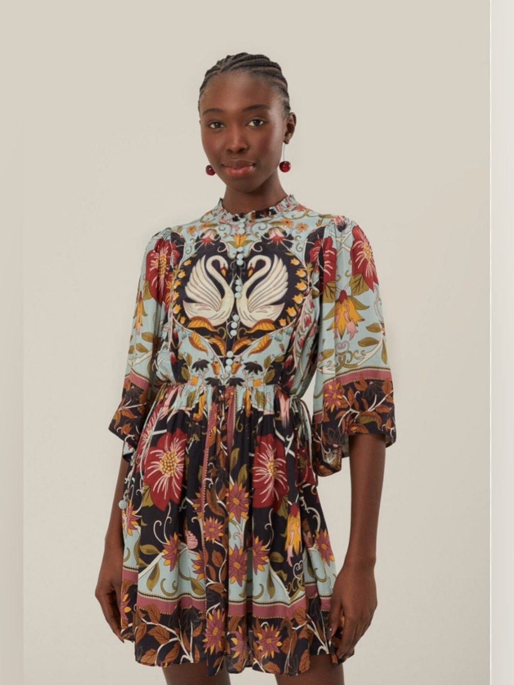 NWT FARM Rio Flowing Beauty Blue Swan Floral Mini Dress XS Boho Resort $260